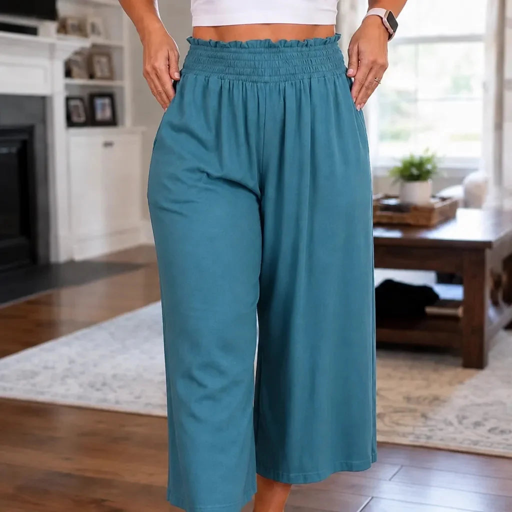 Wearbella – High Waisted Wide Leg Cropped Pants with Smocked Waist