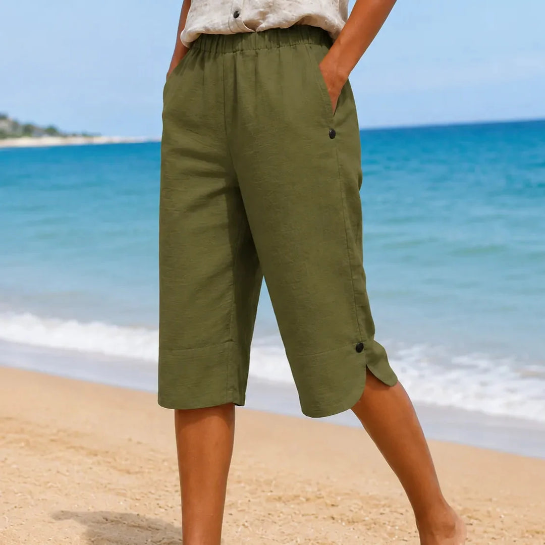 Brisana – Lightweight Linen-Look Capri Pants for Women Soft Elastic Waist