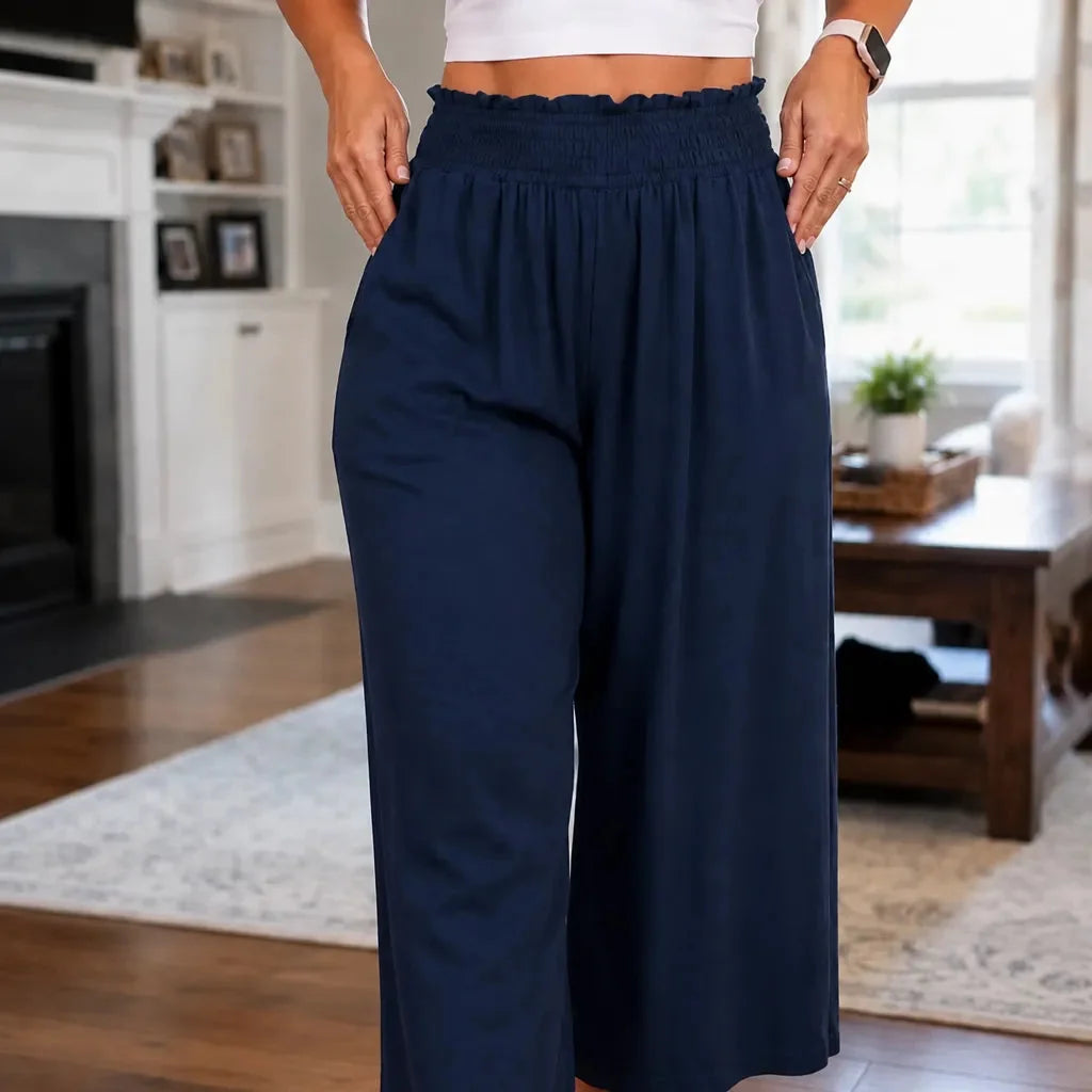 Wearbella – High Waisted Wide Leg Cropped Pants with Smocked Waist