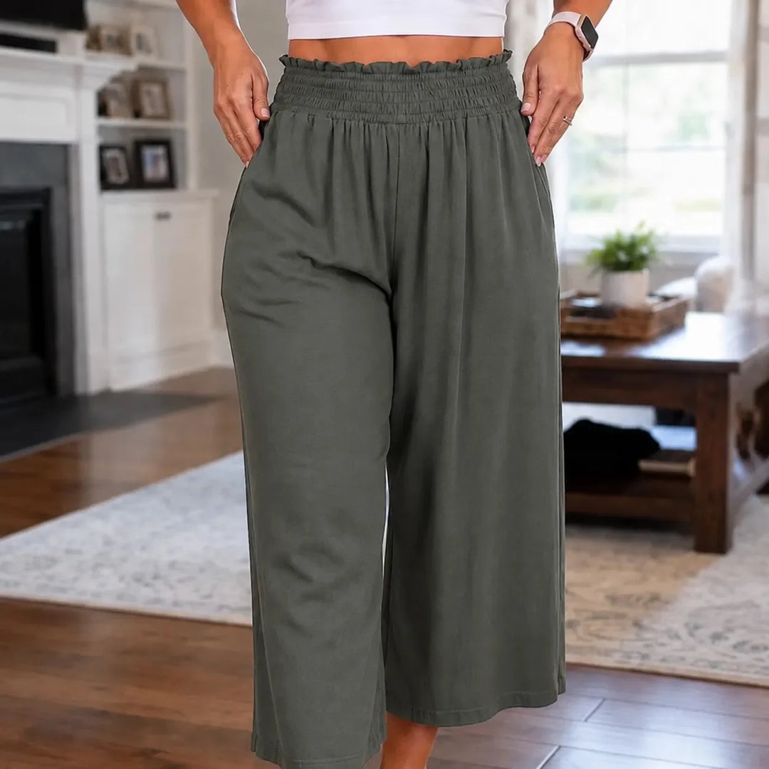 Wearbella – High Waisted Wide Leg Cropped Pants with Smocked Waist