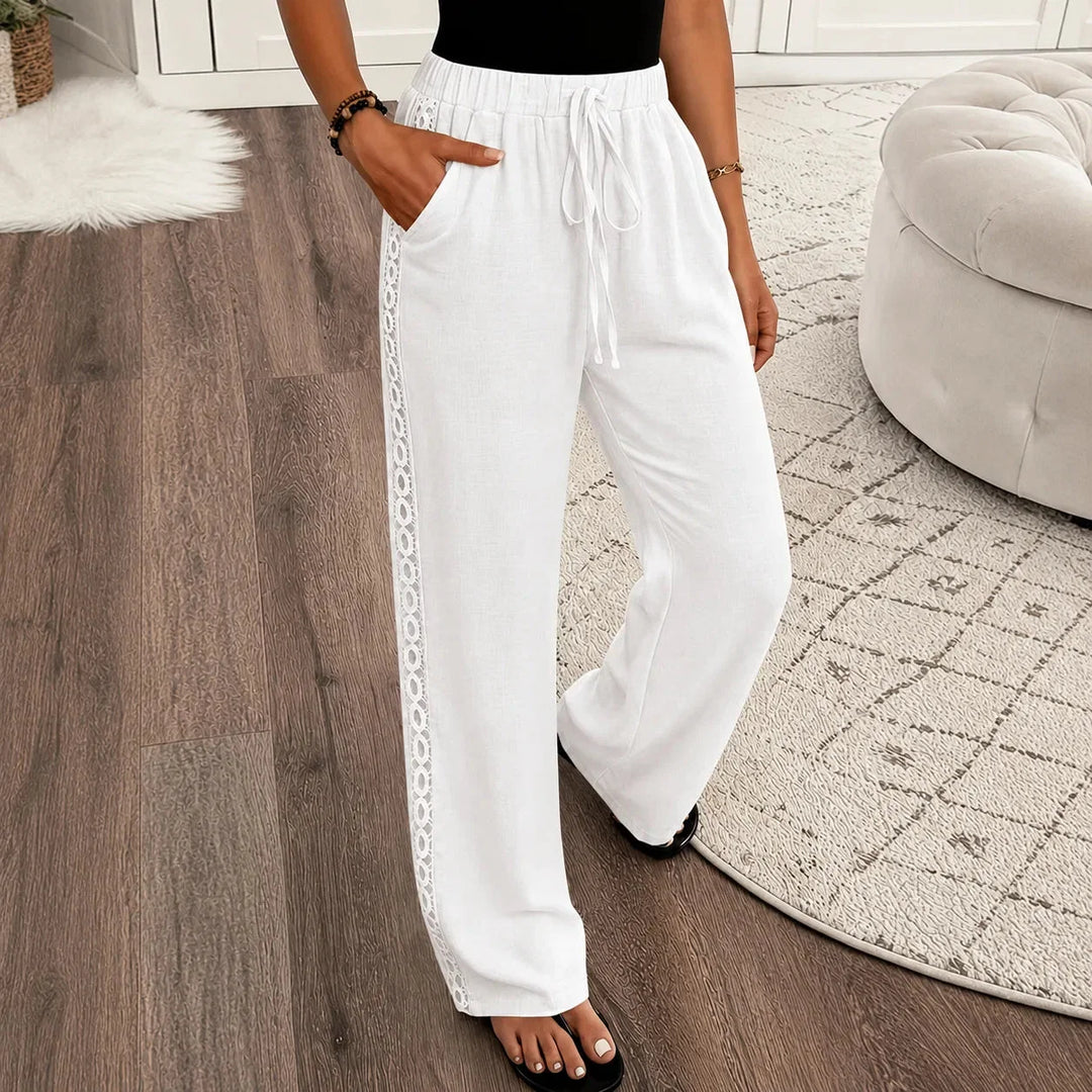 Marella – Wide Leg Boho Pants with Lace-like Side Trim and Drawstring Waist